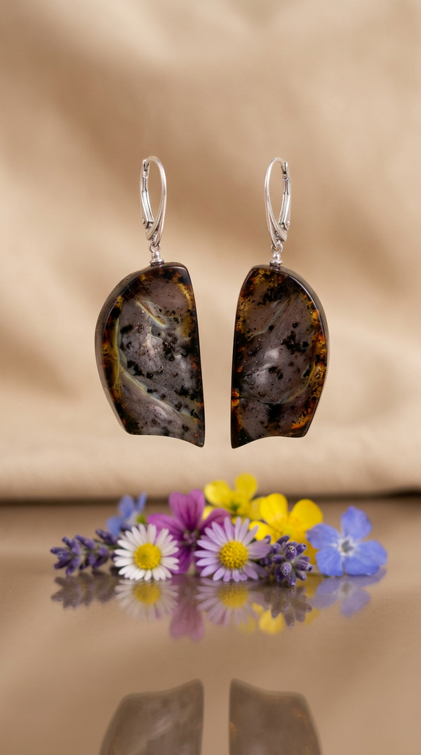 Amber earrings, gold-plated silver 925 "Night rain"