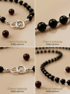 Black amber necklace 70cm, gold-plated silver 925 "Cherry Line"