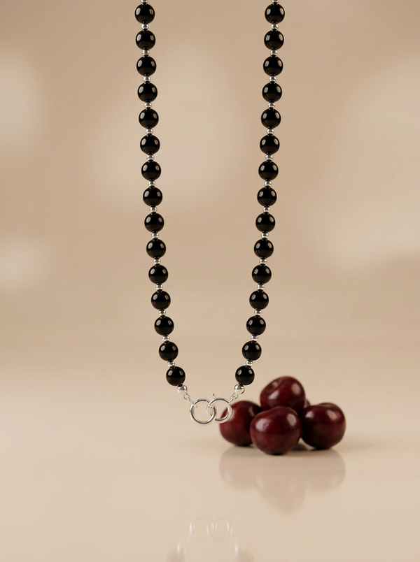 Black amber necklace 70cm, gold-plated silver 925 "Cherry Line"