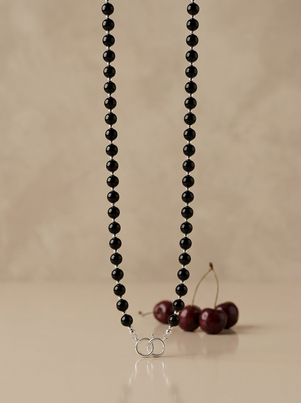 Black amber necklace 70cm, gold-plated silver 925 "Cherry Line"