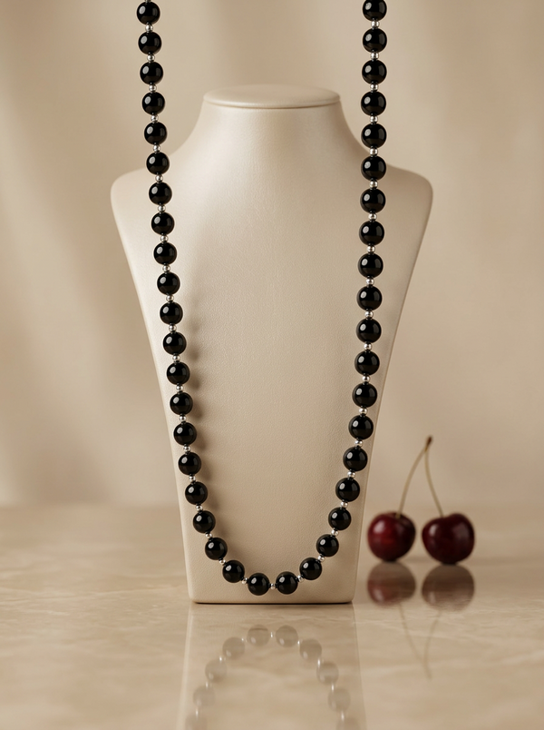 Black amber necklace 70cm, gold-plated silver 925 "Cherry Line"