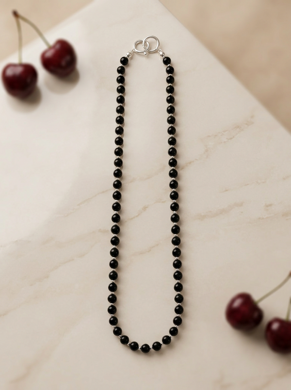 Black amber necklace 70cm, gold-plated silver 925 "Cherry Line"