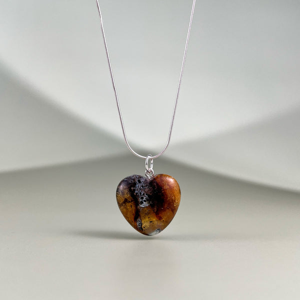 Amber heart, silver 925 "Forest river"