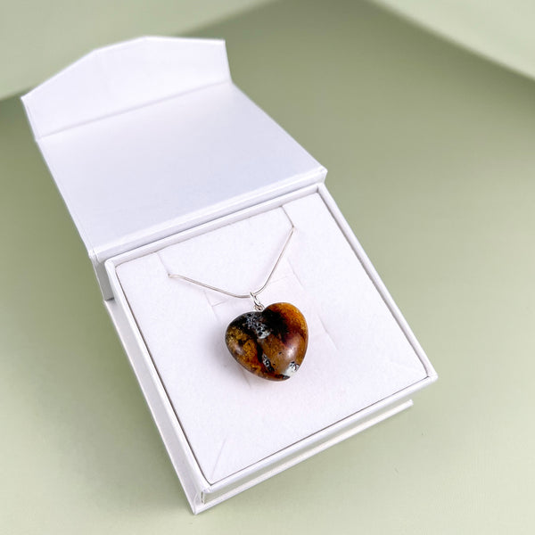 Amber heart, silver 925 "Forest river"