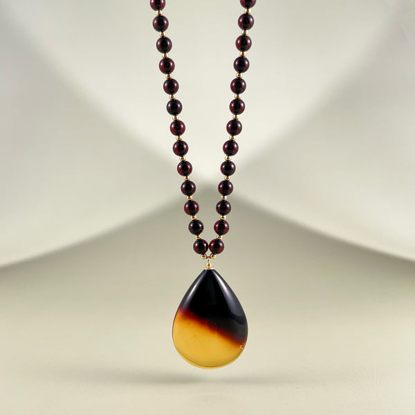 Juodas gintaro vėrinys 52cm, auksuotas sidabras 925 "Cherry drop"