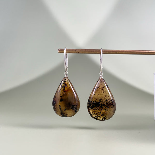 Gintariniai auskarai, sidabras 925 "Samanėlių gausybė"