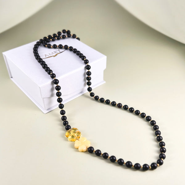 Juodas gintaro vėrinys 70cm, auksuotas sidabras 925 "Laimės dobiliukai"