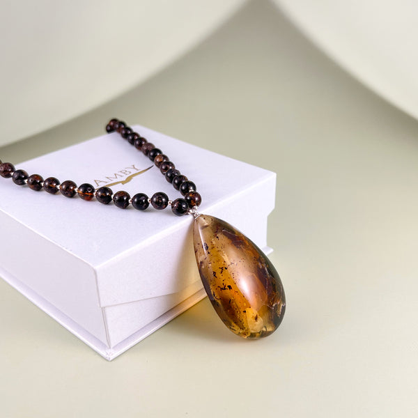 Juodas gintaro vėrinys 56cm, sidabras 925 "Pažiba"