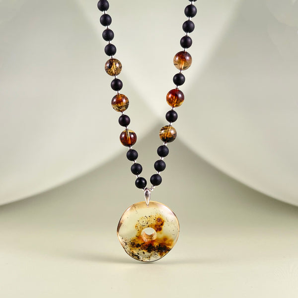 Juodas gintaro vėrinys 58cm, sidabras 925 "Laimės amuletas"