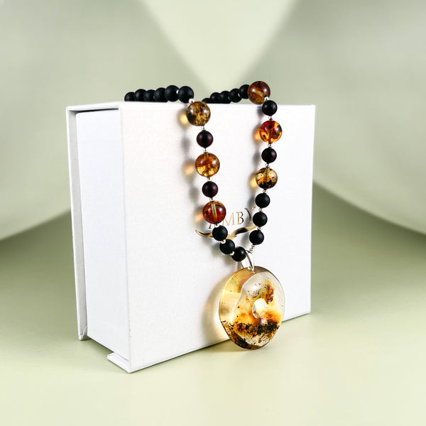 Juodas gintaro vėrinys 58cm, sidabras 925 "Laimės amuletas"