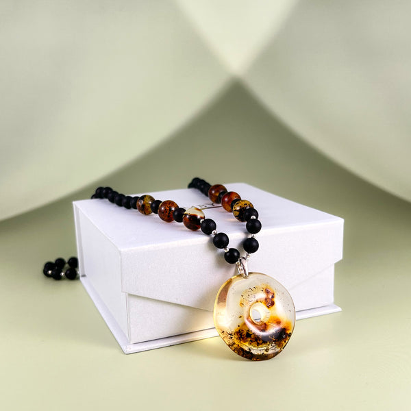Black amber necklace 58cm, silver 925 "Lucky Amulet"