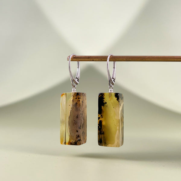 Gintaro auskarai, sidabras 925 "Šviesios samanos"