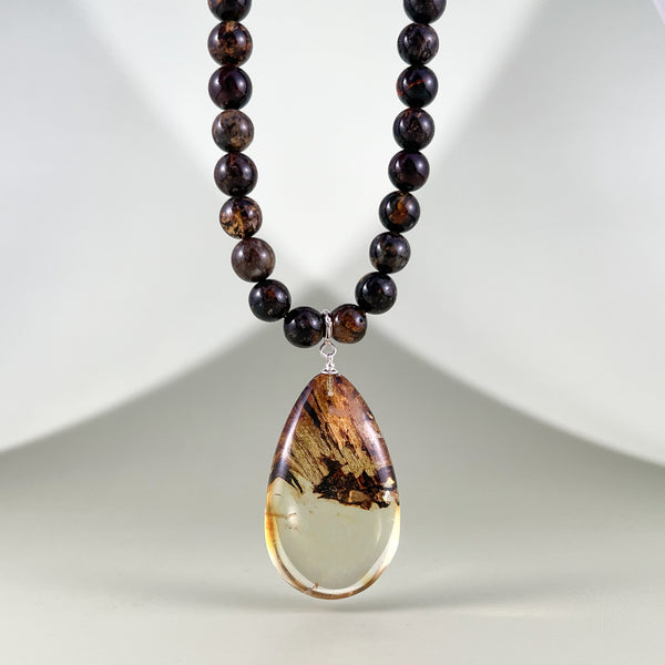 Gintaro vėrinys 45cm, sidabras 925 "Medžio žievė"