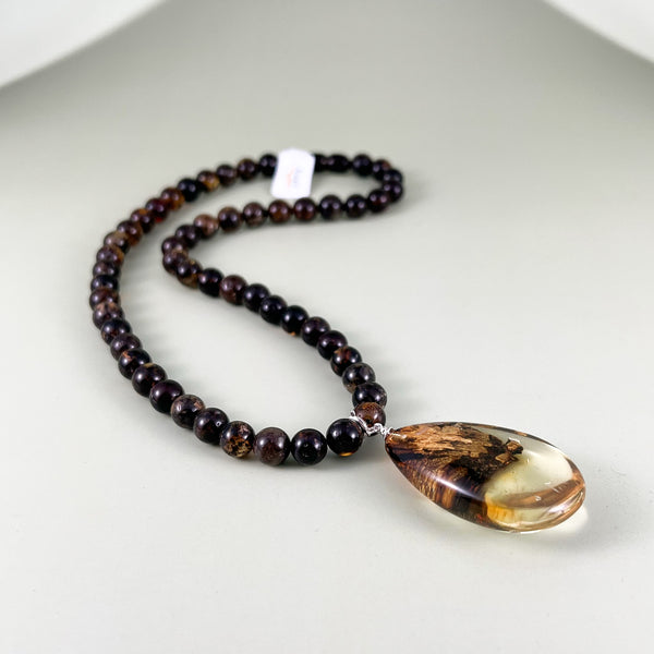 Gintaro vėrinys 45cm, sidabras 925 "Medžio žievė"