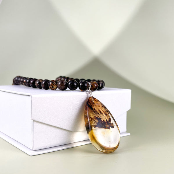 Gintaro vėrinys 45cm, sidabras 925 "Medžio žievė"