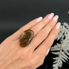 Žalsvas gintaro žiedas, auksuotas sidabras 925 "Medžio žievelė"
