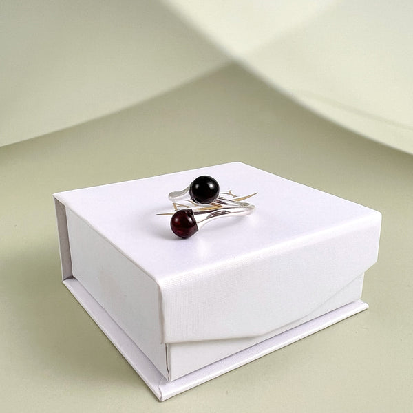 Dvigubas gintaro žiedas, SIDABRAS arba AUKSUOTAS SIDABRAS 925 "Cherry dvigubas"