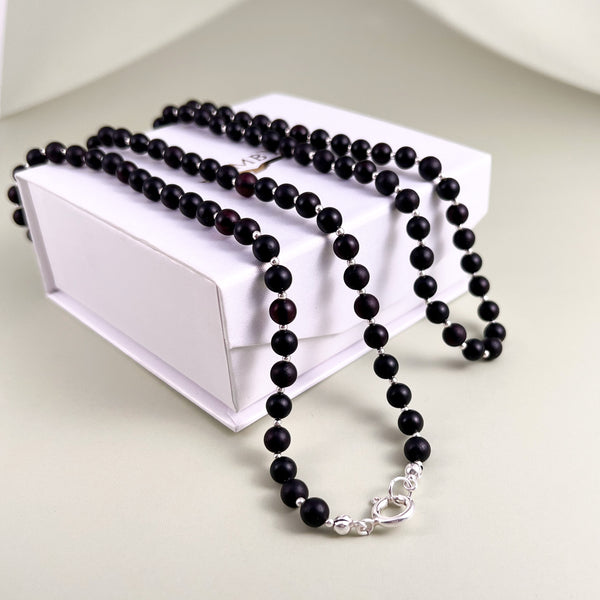 Ilgas juodo gintaro vėrinys 91cm, sidabras 925 "Šešėlis"