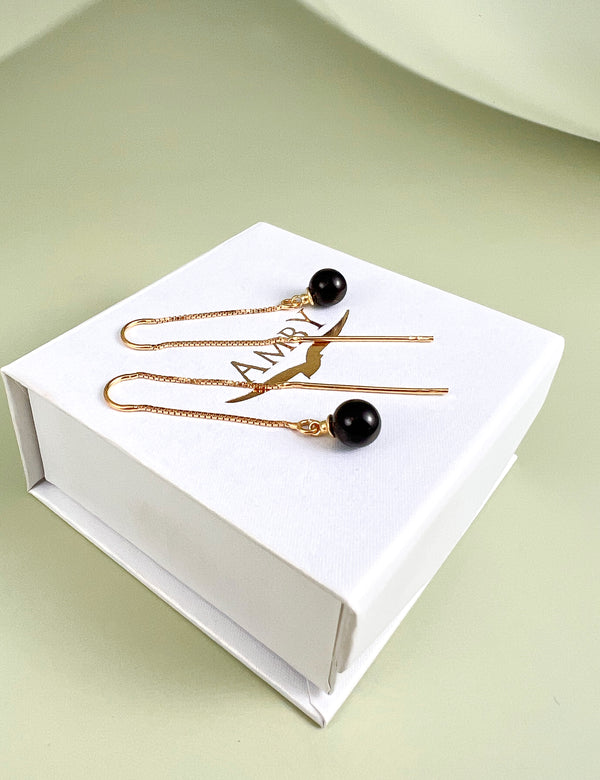 Juodo gintaro auskarai, auksuotas sidabras 925 "Shiny berry"