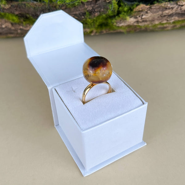 Peizažinis gintaro žiedas, auksuotas sidabras 925 "Margumėlis"