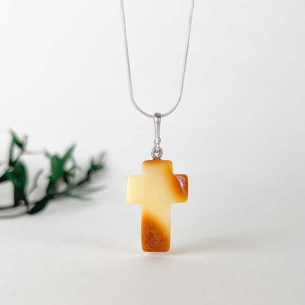 Geltonas gintaro kryželis , sidabras 925 "Amžinai"