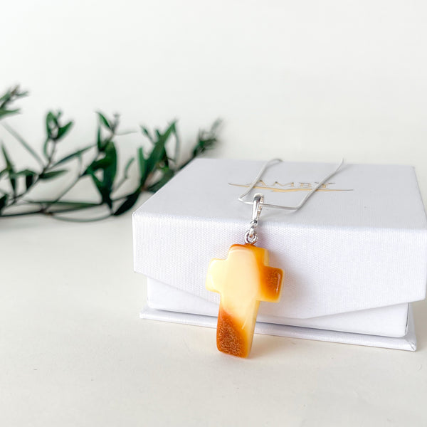 Geltonas gintaro kryželis , sidabras 925 "Amžinai"