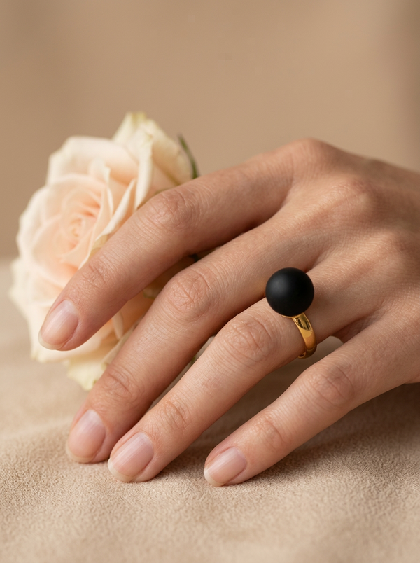 Bellum gold ring with black matte amber, silver or gold-plated silver 925
