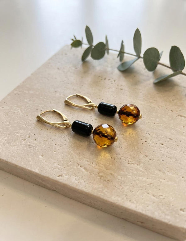 Gintaro auskarai, auksuotas sidabras 925 "Švytinti naktis"