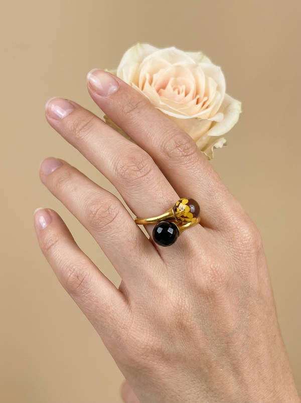 Double faceted amber ring, SILVER or GOLD-PLATED SILVER 925