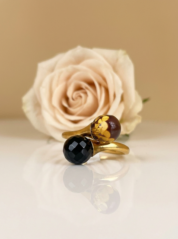 Double faceted amber ring, SILVER or GOLD-PLATED SILVER 925