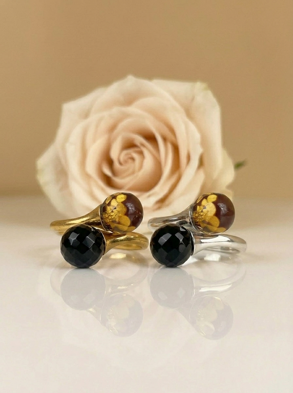 Dvigubas facetuotas gintaro žiedas, SIDABRAS arba AUKSUOTAS SIDABRAS 925 "Kibirkštis"