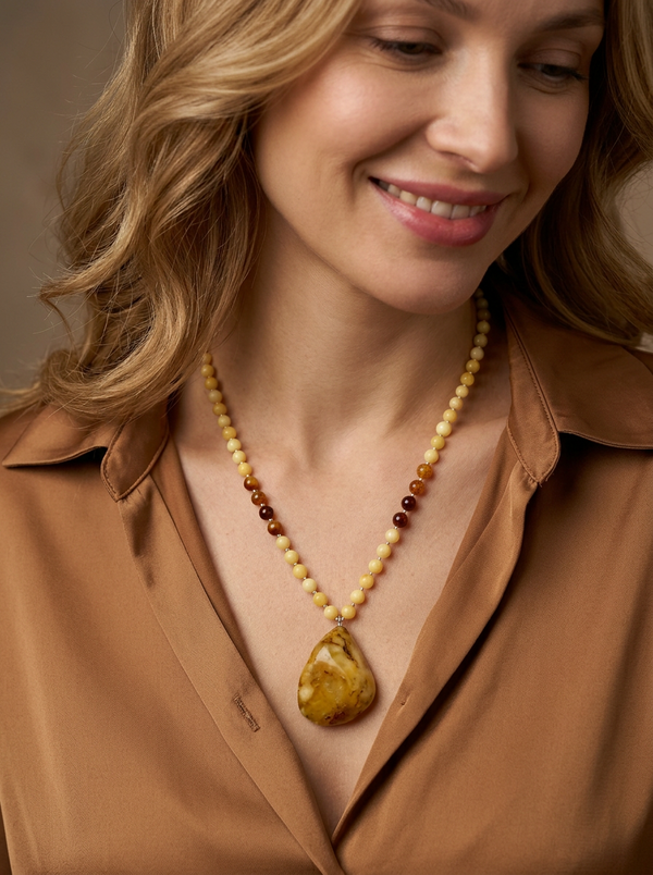 Blizgus gintaro vėrinys 56cm, sidabras 925 "Gintaro šiluma"