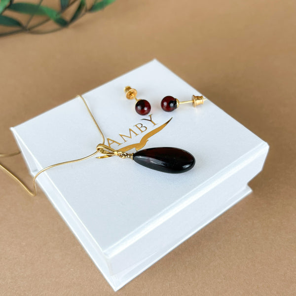 Blizgus gintaro rinkinys, auksuotas sidabras 925 "Cherry merry"