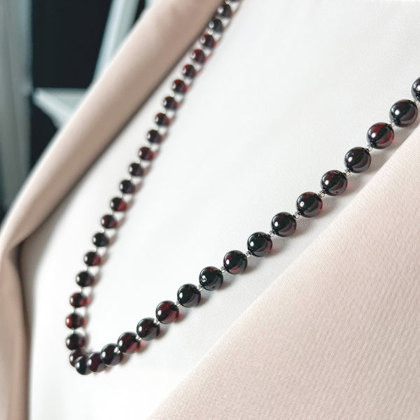 Juodas gintaro vėrinys 70cm, sidabras 925 "Cherry Grace"