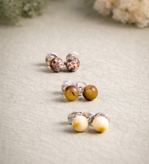 Set of colored amber earrings - studs, silver 925