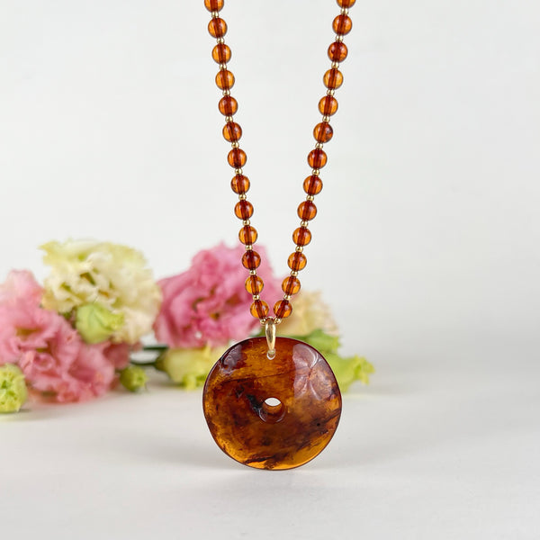 Gintaro vėrinys 59cm, auksuotas sidabras 925 "Medaus amuletas"