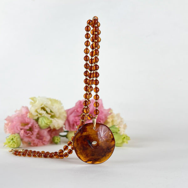 Gintaro vėrinys 59cm, auksuotas sidabras 925 "Medaus amuletas"