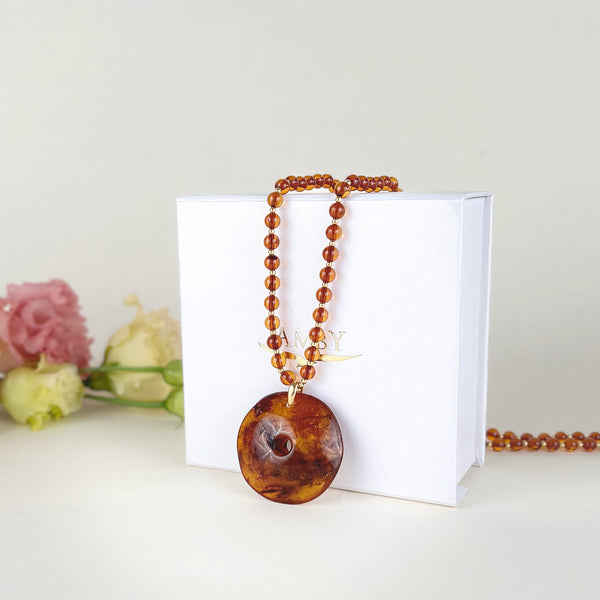 Gintaro vėrinys 59cm, auksuotas sidabras 925 "Medaus amuletas"