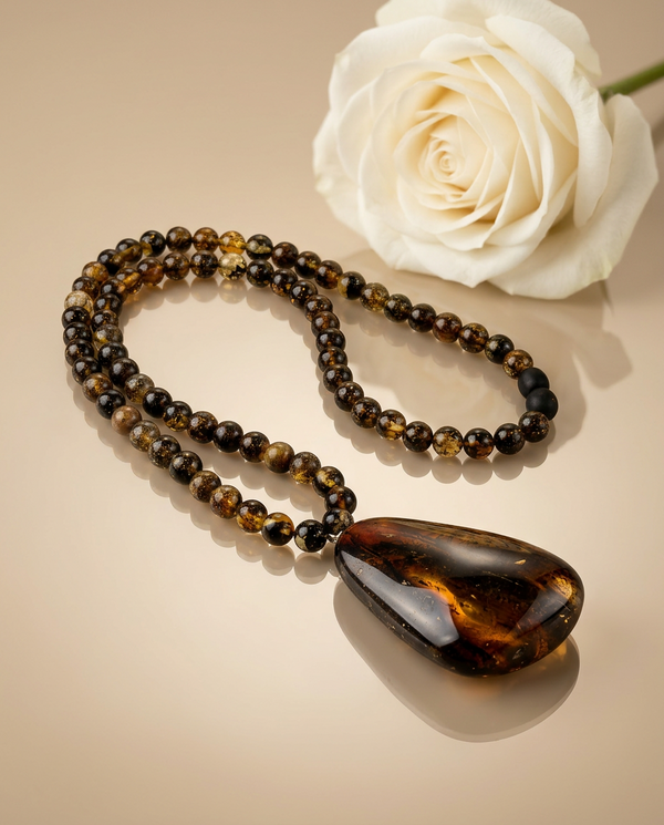 Gintaro vėrinys 51cm "Ugnelė viduje"