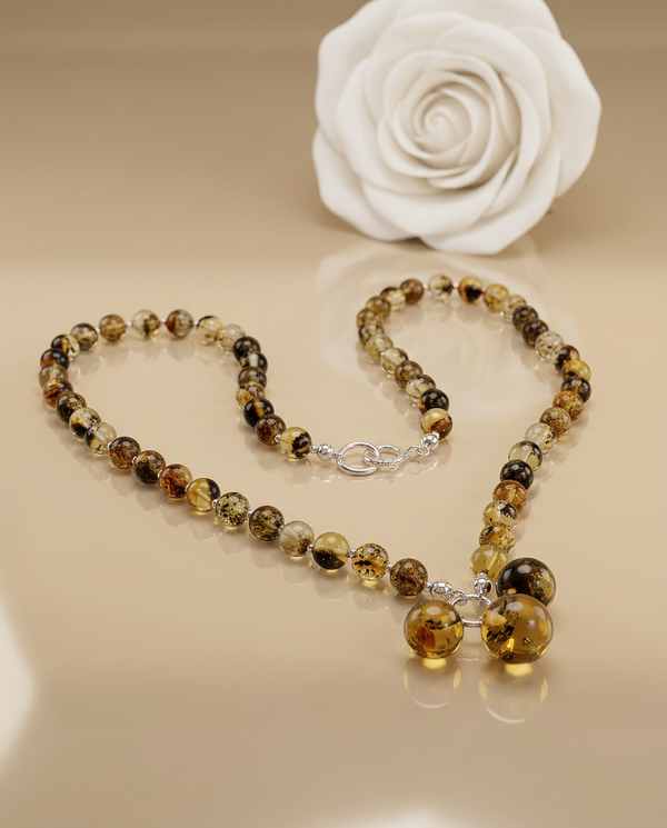 Amber necklace 51cm, gold-plated silver 925 "Bellum dandelion"