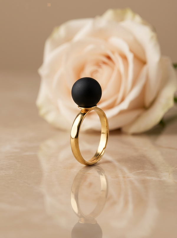 Bellum gold žiedas su juodu neblizgiu gintaru, sidabras arba auksuotas sidabras 925