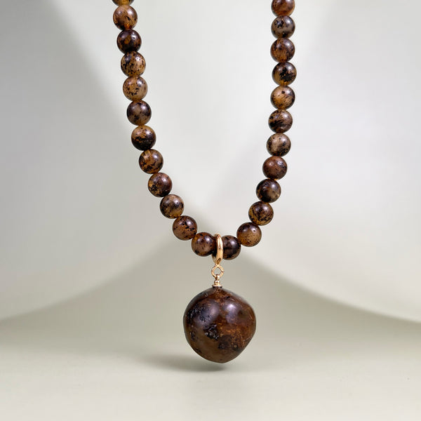 Margo gintaro vėrinys 45.5cm, auksuotas sidabras 925 "Samanų gausa"