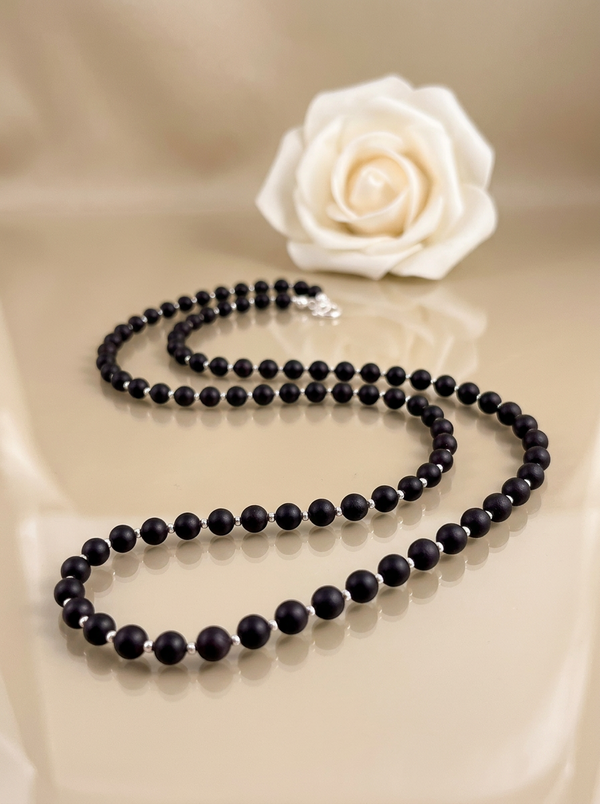 Ilgas juodo gintaro vėrinys 91cm, sidabras 925 "Šešėlis"