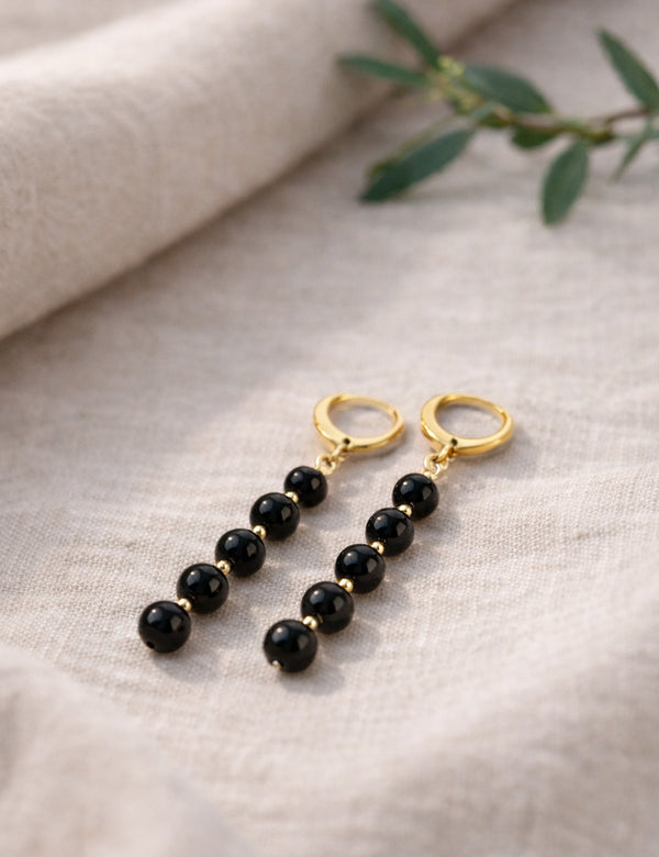 Black amber earrings, gold-plated silver 925 "Cherry drops"