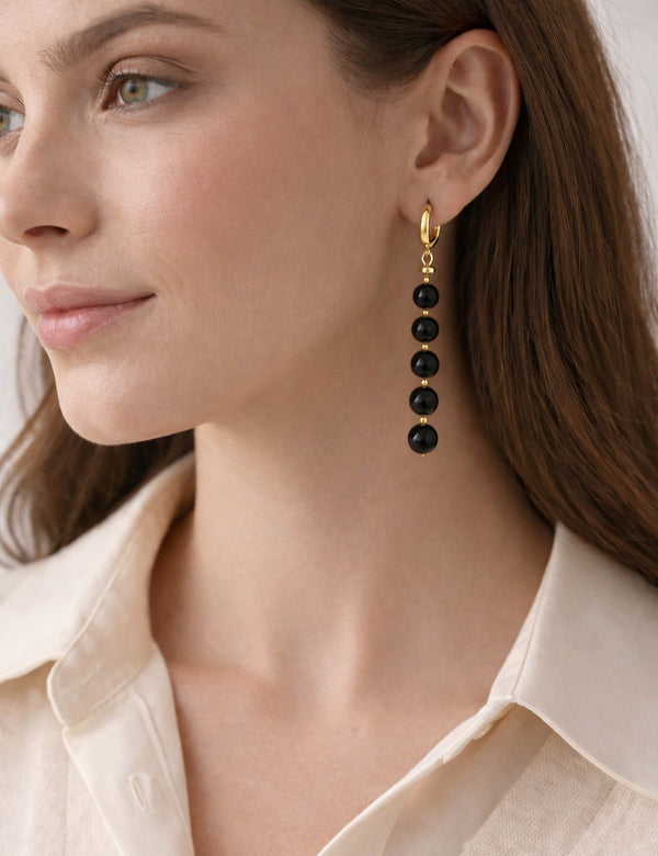 Black amber earrings, gold-plated silver 925 "Cherry drops"