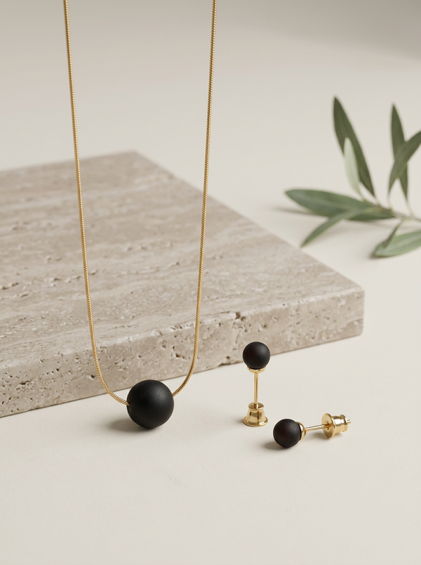 juodo gintaro auskarai ir pakabukas