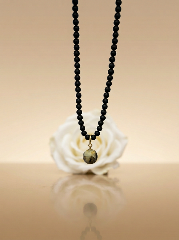 Black matte amber necklace 43cm "World"