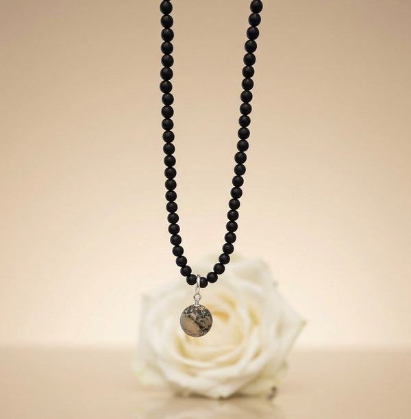 Black matte amber necklace 43cm "World"