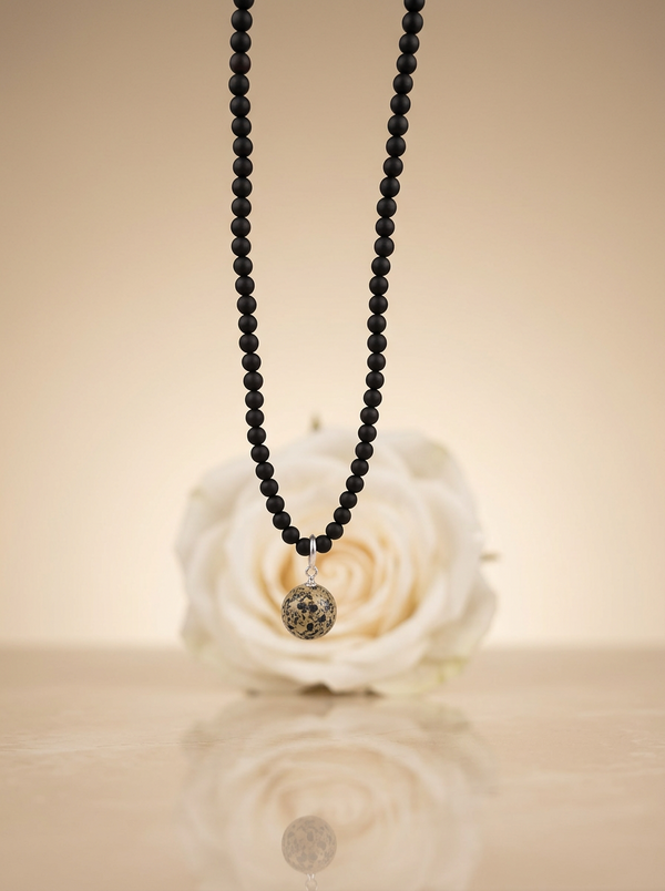 Black matte amber necklace 43cm "World"