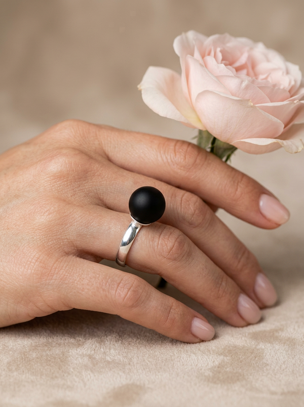 Bellum gold ring with black matte amber, silver or gold-plated silver 925